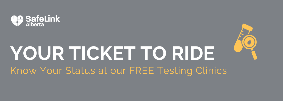 Gray background with yellow illustration of a test tube and magnifying glass. Text reads "Your Ticket to Rude: Know your status atour free Testing Clinics"