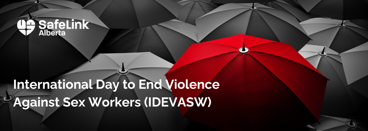 Image of one red umbrella among many black umbrellas. Test reads: "International Day to End Violence Against Sex Workers (IDEVASW)