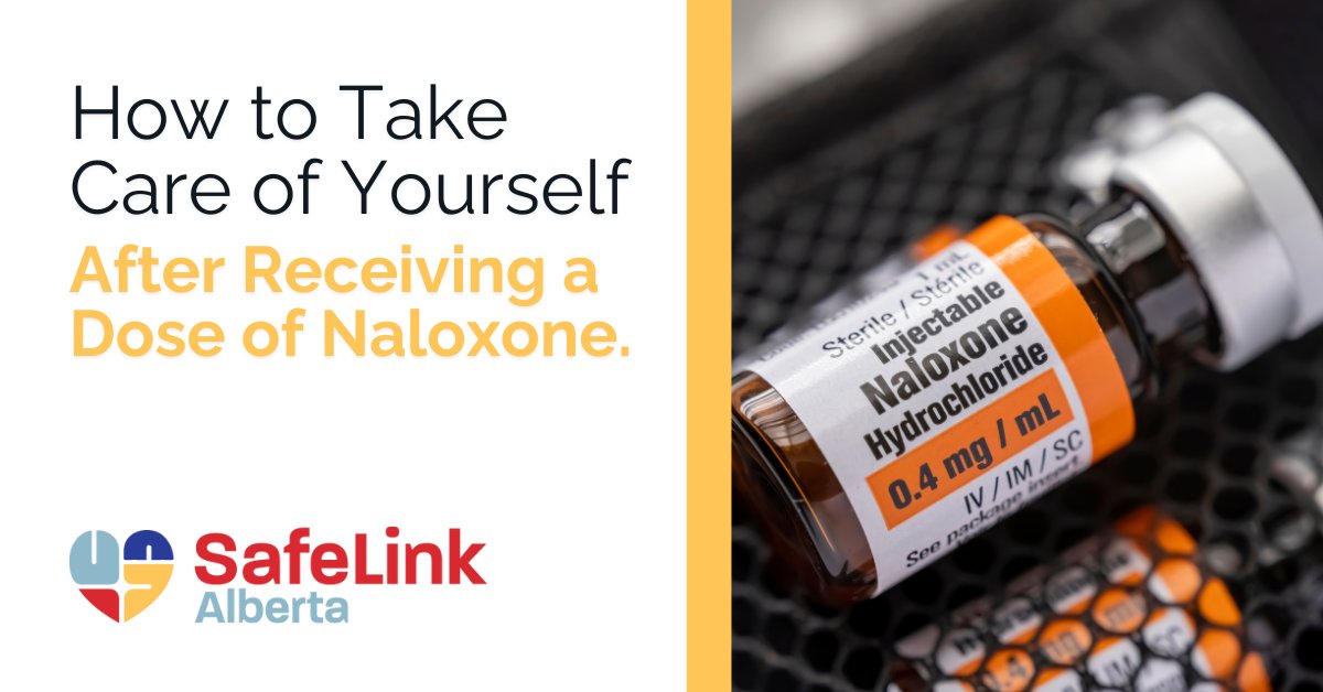 Blog cover, text reads "How to Take Care of Yourself After Receiving a Dose of Naloxone" image shows a vial of injectable naloxone inside a kit.