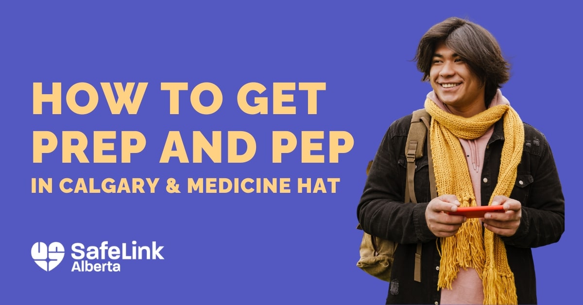 Blue cover, with yellow text. Text reads "How To Get PReP and PEP in Calgary & Medicine". A cutout image of a young, smiling, indigenous student is also in the image.