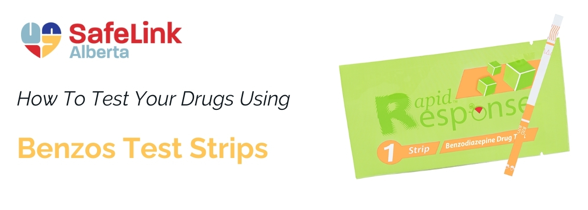Image on the Rapid Response Benzodiazepine test strip package with test strip. Text reads "How To Test Your Drugs Using Benzos Test Strips."