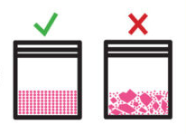 An illustration of substances in plastic bags. Left shows the substance evenly crushed with a green checkmark. Right shows the substance unevenly crushed with large and small chunks with a red x.