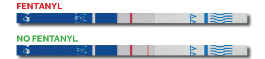 Fentanyl test strips. Top shows fentanyl positive test with one red line. Bottom shows negative fentanyl test strips with two red lines.
