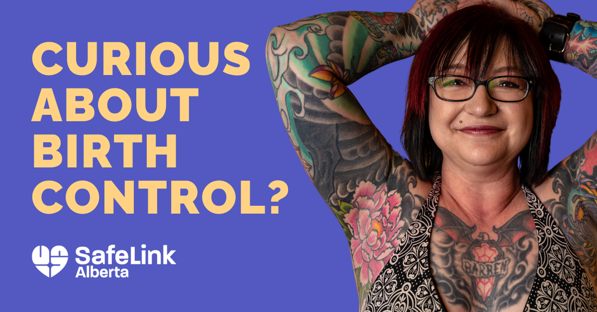 Photo of smiling woman with tatoos. Text reads "Curious About Birth Control?"