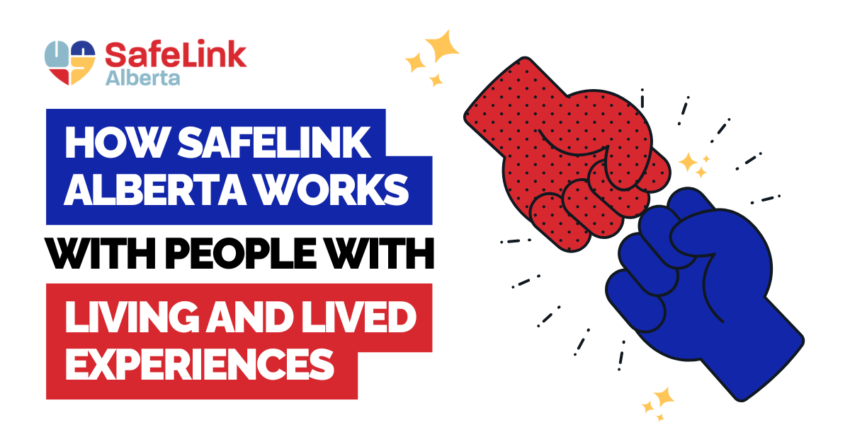 Title reads "How SafeLink Alberta Works with People with Living or Lived Experience" the image shows a graphic of two fists bumping.