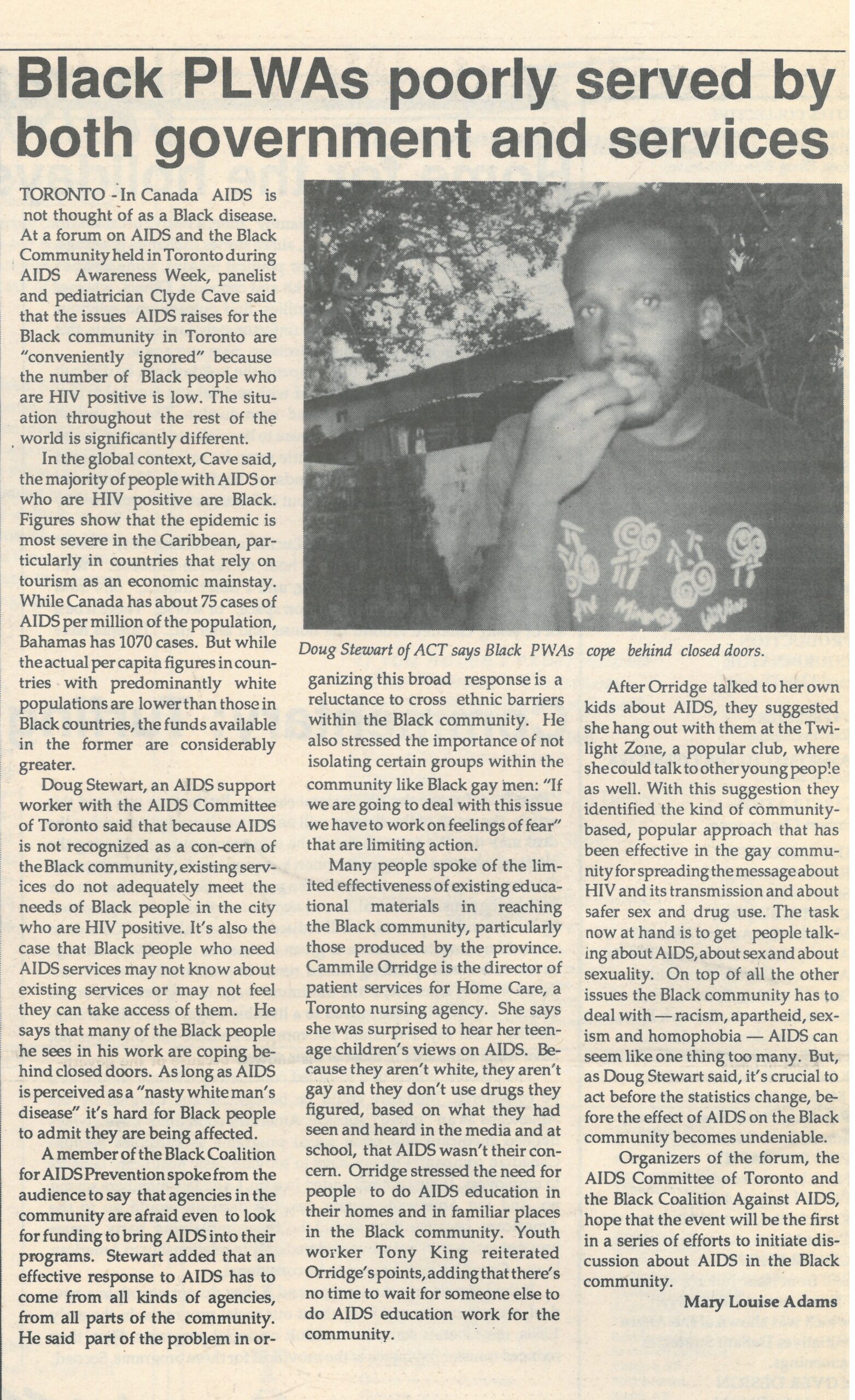 Archival scan of a newspaper, the headline reads "Black PLWAs poorly served by both government and services". Photographed is Doug Stewart, a ACB HIV Activist.